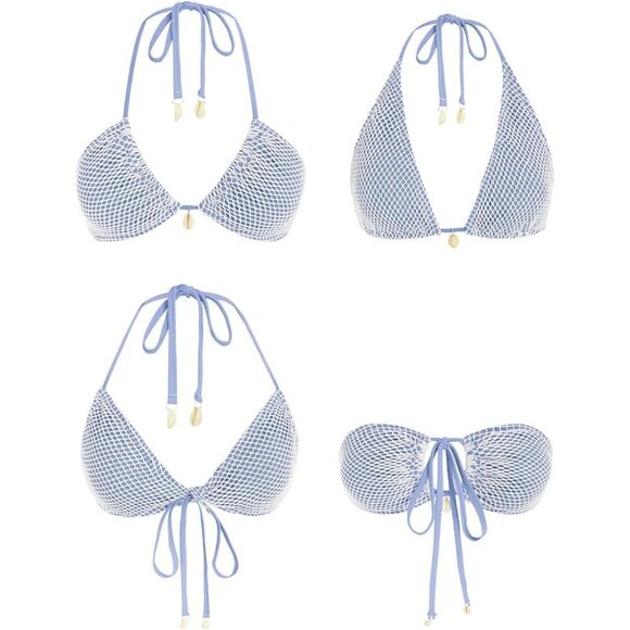 🆕Women Blue Triangle Bikini Top Fishnet Tie Back String Swimsuit Bathing Suit - Picture 4 of 5